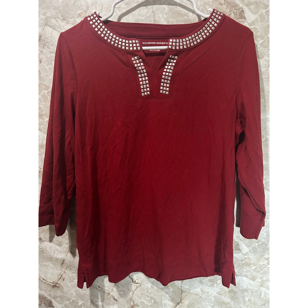 Allison Daley‎ Womens Red Studded Split Neck 3/4 Sleeve Knit Top Size Medium